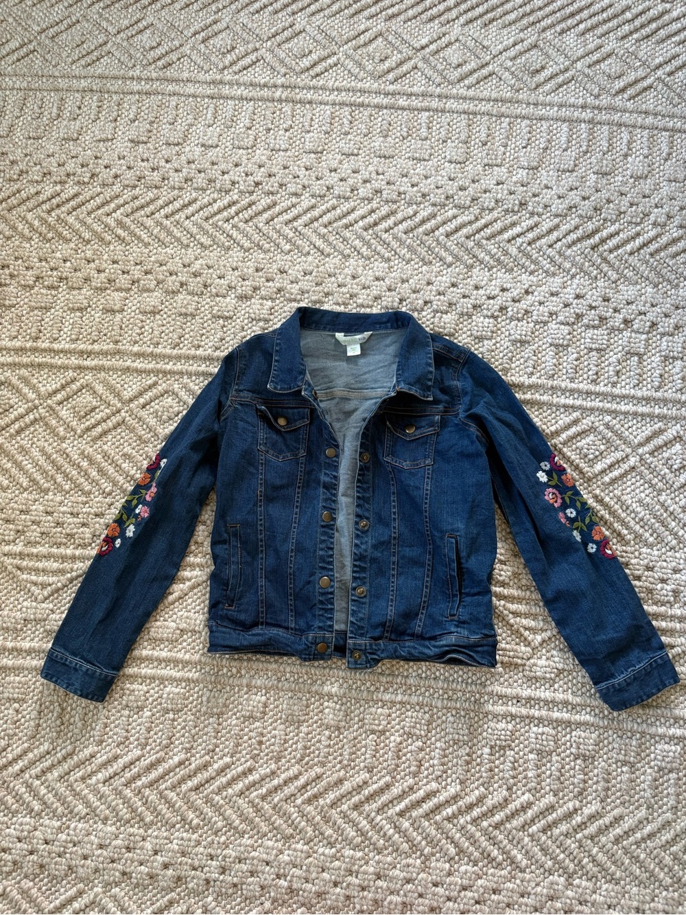 Garnet Hill Dark Blue Denim Jacket with Floral Sleeve Embroidery